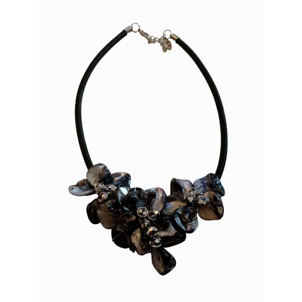 Natural Mother Of Pearl Silver Beaded Cord Necklace 19.5"